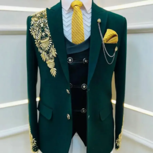 Army Green Three Pieces Men Suits With Gold Embroidery Man Blazer(Jacket+Vest+Pants)
