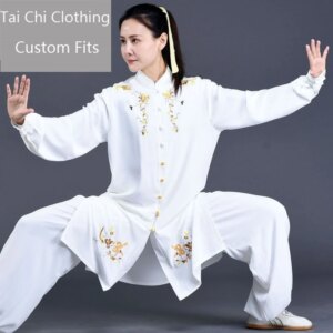 Tai Ji Suit Women’s New Spring and Autumn White Pearl Silk Embroidery Winter Exercise Clothing