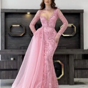 Gorgeous Pink Evening Dresses Stunning Lace Sequins Mermaid Prom Gowns Arabic Floor Length Customized Dubai Wedding Guest Gowns