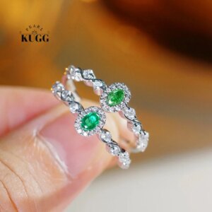KUGG 100% 18K White Gold Rings Elegant Gentle Style Real Natural Green Diamond Engagement Ring for Women High Wedding Jewelry