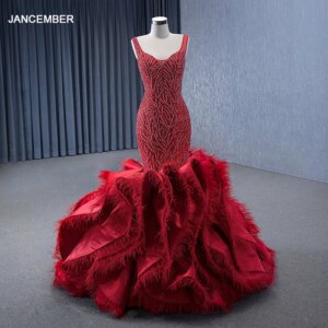 Jancember Red Romantic International Evening Dress 2024 Sheath Spaghetti Straps V-neck Beading Feathers فستان سهرة RSM231143