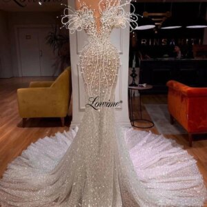 Lowime Exquisite Heavy Beaded Evening Dresses Beading Pearls Long Party Dress For Weddings Round Train Celebrity Prom Gowns 2023