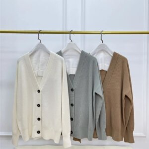 Autumn Winter Wool Cardigan Sweater V-neck Single Breasted Knitted Jacket Beaded Cuff Design