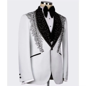 White Men’s Suits Fashion 2 Pieces Sets Groom Prom Blazers Luxury Beaded Pearls Decoration Tuxedos Men