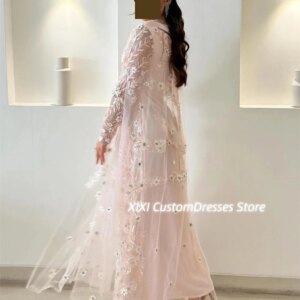 Customized فساتين سهرة A-Line V-Neck Formal Occasion Dresses Ankle-Length Flowers Zipper Up Long Sleeves Wedding Party Dress