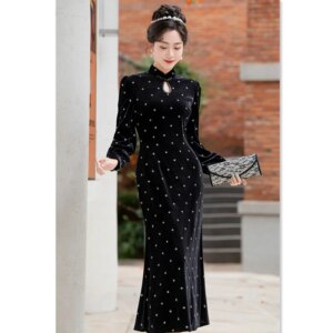 Fashion Starry Velvet Dress Women’s Autumn and Winter Annual Meeting Younger Black