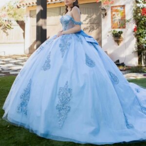 Sky Blue Quinceanera Dresses Off Shoulder Ball Gown Sweet 16 Dress Applique Lace Beads Bow Tull Birthday Party Vestidos 15 De