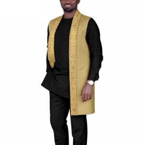 African Clothes for Men Traditional Suit Long Set Jacquard 3 Pieces Solid Shirt Full Pants and Outfit for Wedding Banquet