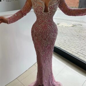 Luxury Crystal Beaded Mermaid Party Dress vestido de gala noche mujer Customized Long Sleeve Beaded Pink Prom Dresses Woman 2025