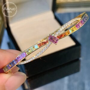 Aazuo Original 18K Yellow Gold Natrual Color Sapphire Real Diamonds Rainbow Bangle For Woman Upscale Trendy Engagement Party