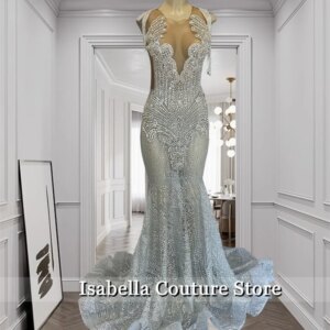 Glitter Silver Diamonds Mermaid Prom Dress For Black Girls Tassels Gown Bead Crystal Wedding Birthday Party Dress Customized