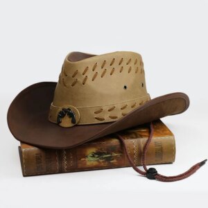 Men’s and women’s vintage quality leather large eaves bull sunshade cowboy hat cap