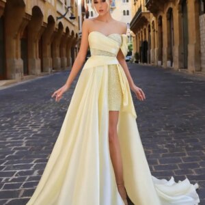 Customized Exquisite Satin A-Line One Shoulder Sequined Evening Dresses Strapless Half Sleeves Panel Train Celebrity G