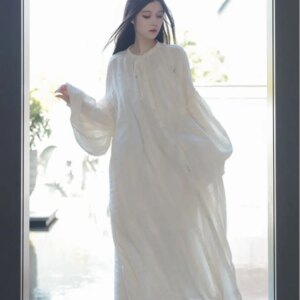 Chinese Style Retro Lantern Sleeve Dress Women’s 2024 New National Simple Plain Long Skirt Placket Outer Robe