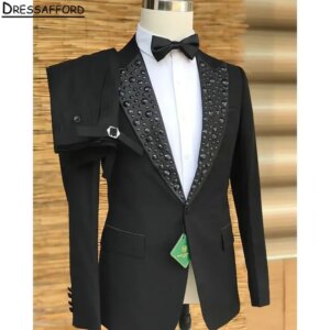 Black Formal Wedding Suits Geometry Diamonds Men’s Business Suit 2 Pieces (Jacket+Pants) Man Tuxedo Groom Wear