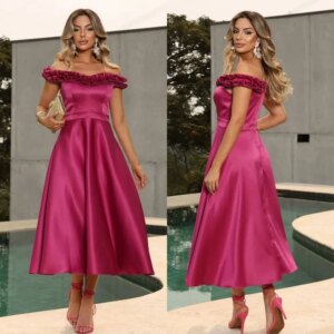 Customized Fashion Elegant Pleat Ruched A-line Off-the-shoulder Midi Dresses Bespoke Occasion Dresses Unisex Sizes Available