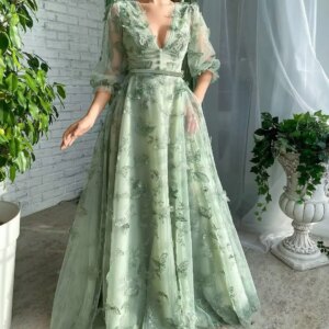 Women’s Puffy Sleeve Prom Dresses 3D Butterfly Long V Neck Tulle Ball Gown Formal Evening Party Gown evening dress