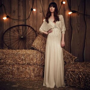 L230 New Arrival Big Sleeves V Neck Beige Beaded Crystal  vestidos de fiesta  فساتين سهره evening dresses