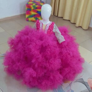Long Sleeve Girls Birthday Party Dresses Beaded Ruffles Fuchsia Pink Flower Girl Dresses Baby Kids Ball Gowns for Photo Shoot
