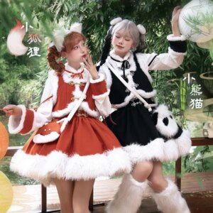 Lolita Fluffy Black Panda Red Fox Chinese New Year Dress Sk Bag Vest Shirt Set Cosplay Animal Cute Kawaii Princess Dress