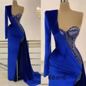 Royal Blue Mermaid Full Sleeves Slit Evening Dress South Africa Dress vestido de festa Islamic Saudi Arabic Evening Prom Dress