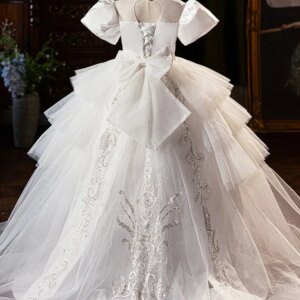 NA-W11 Custom Made Luxury Flower Girl Wedding Party Dress Short Sleeve Tiered Train Ballgown Kids Prom Birthday Party Dress 2025