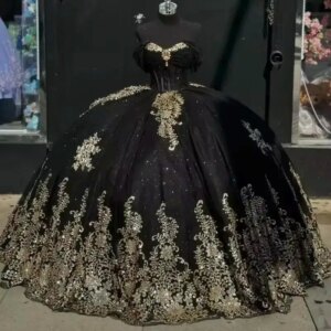 Customized Glittering Black Quinceanera Dresses With Bow Luxury Gold Lace Crystal Applique Vestidos De 15 Anos Birthday Party