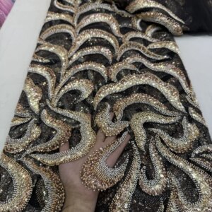 2025 Heavy Gold Beaded Lace Fabric Nigerian Sequins Groom Lace Fabric Wedding Party Dress Sewing High Quality 5 Yards KB4734