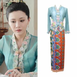 Malaysia Little Nyonya Costume Floral Embroidery Lace Retro Style V Neck Blouse + Skirt Suit Singapore Slim Fit Cardigan Top Set