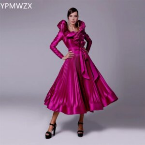 Customized Evening Dress Party Occasion Women Prom Gown YPMWZX Square Collar Ball Tea Length Skirts Draped Knot Ruffle Bespoke O