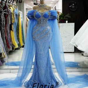 High Event Blue Mermaid Evening Dresses with Long Shawls Off Shoulder Silver Crystal Fringe Tassels Wed Party Dress Elegant Prom