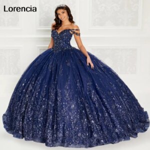 Lorencia Glitter Navy Blue Quinceanera Dress Ball Gown Lace Applique Beading Crystal Mexican Sweet 16 Vestidos De 15 Años YQD719