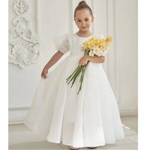 Customized Flower Girl Dresses Princess Dress White Satin Solid Short Sleeve For Wedding Birthday Party Banquet Princess Gowns