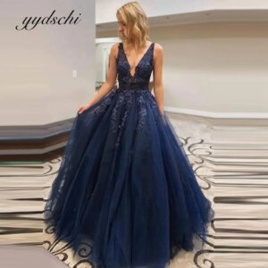 2025 Navy Blue Long Prom Dresses Vestidos De Gala A-Line Sexy Tulle Lace Appliques Evening Dress Party Gown For Women