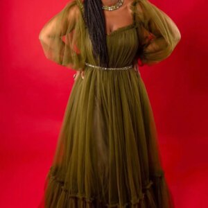 tailor shop oliver green off shoulder puffy big sleeve swing princess style long evening dress bride-dress