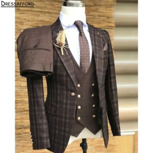 Brown Checked Men Business Formal Occasion Tuxedos Grooms Wedding Party Prom Male Suit 3 Piece Set Blazer Vest Pants