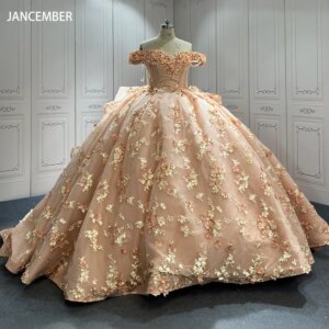 Beautiful Pink Flowers Long Cheap Quinceanera Dresses Customized Ball Gown Off the shoulder Tulle Graduation Party Dress
