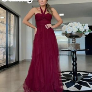 Women’s Halter Long Prom Dresses for Wedding Floor Length Formal Dress with Pleated Tulle Open Back A-line Evening Party Gowns