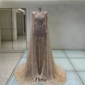 Floria Muslim Heavy Champagne Evening Dresses Long Cape Sleeve Sparkly Prom Dresses Vestidos Novias Boda Amanda Noivas Official