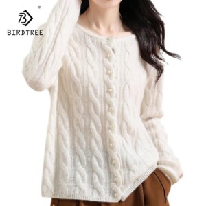 BirdTree, 100% Cashmere Elegant Sweater, Knitted Cardigan Sweater, Fashionable and Casual Loose Fit, Autumn and Winter T48924KS
