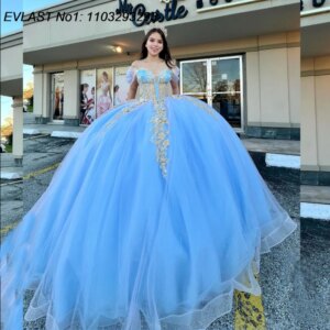 EVLAST Customized Sparkly Sky Blue Quinceanera Dress Ball Gown Applique Beading Mexico Corset Sweet 16 Vestido De 15 Anos E1Q375