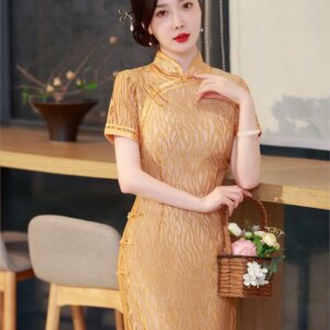 Ladies long slim-fit silk cheongsam runway banquet dress lace