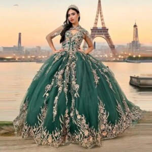 Customized blackish green Ball Gown Quinceanera Dresses for Girls Appliques High Neck Lace up Tull Ruched Vestidos De 15 Años