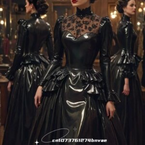 Vintage Victorian Black Prom Dress Lace High Collar Black Shiny PU Leather Special Occasion Gown Customized Evening Formal Wear
