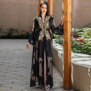 European and American Fashion Women’s Wear Lace Two-Piece Embroidery with Belt Long Sleeve Dress Arabian Exotic Robe