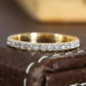 14K Yellow Gold Classical Lab Diaond Half Pave Eternity Match Ring Solid Gold Hpht CVD Diamond Wedding Band Ring For Women Ring