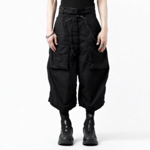 Dark Style Wax Surface Coating Asymmetric Multi-Button Bag Cropped  Hip Hop Loose Casual Working Pants Men’s Fashion Harajuku