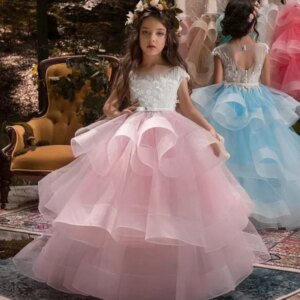 Pink Tulle Flower Girl Dresses Puffy Tiered White Appliques Sleeveless For Wedding Birthday Party First Communion Gowns
