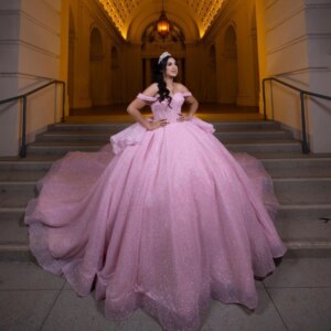 EVLAST 2023 Pink Shiny Quinceanera Dress for Sweet 15 Year Off Shoulder Mexico Ball Gown Beads Crystal Vestido De 15 Anos TQD066