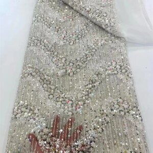 White Lace Fabric 2025 High Quality Luxury Laces On Sale 5 Yards African Sequin Bead Lace Fabric Embroidered Dubai Dress A1058-1